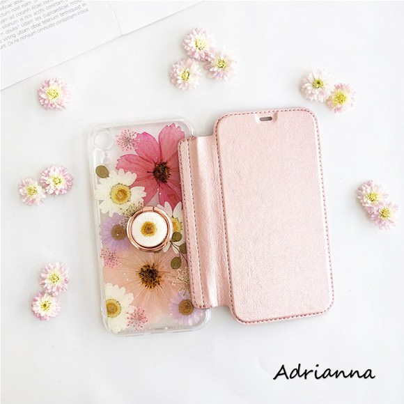 Adrianna ピンクのコスモス 押し花 【手帳型スマホケース】